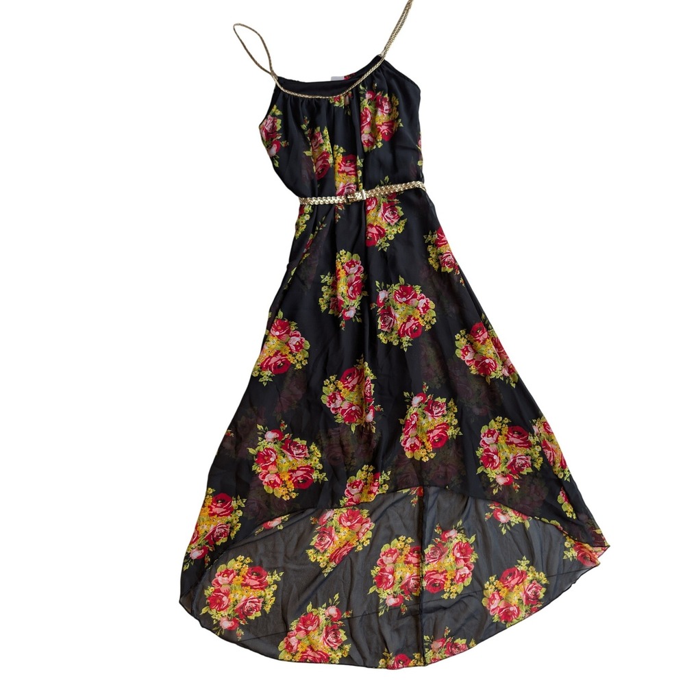 Analogy Womens Floral High Low Maxi Dress Black Gold Braided Straps Size S